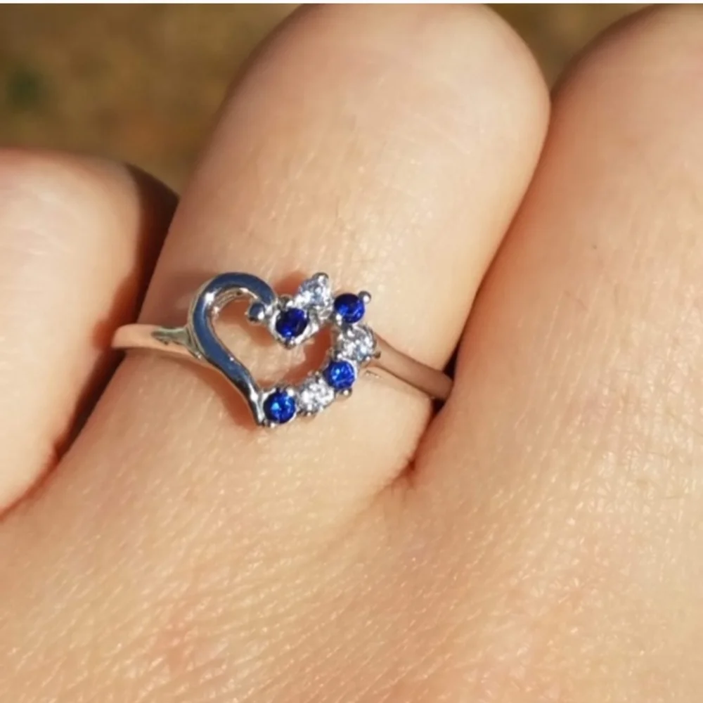 10k Solid White Gold Genuine Blue Sapphire & Simulated Diamond Heart Ring